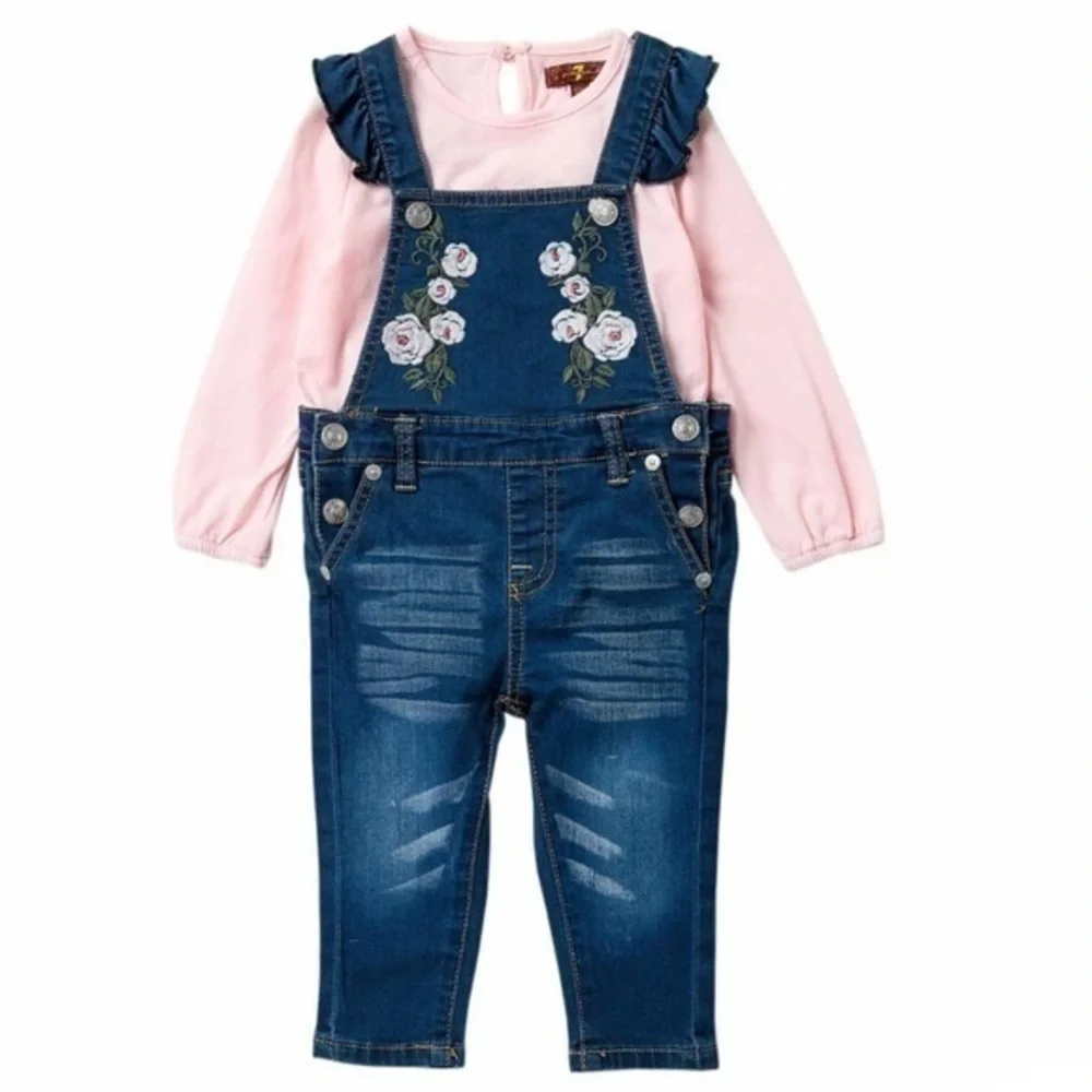SET - 7 For All Mankind Embroidered Denim Jean Overalls NWT